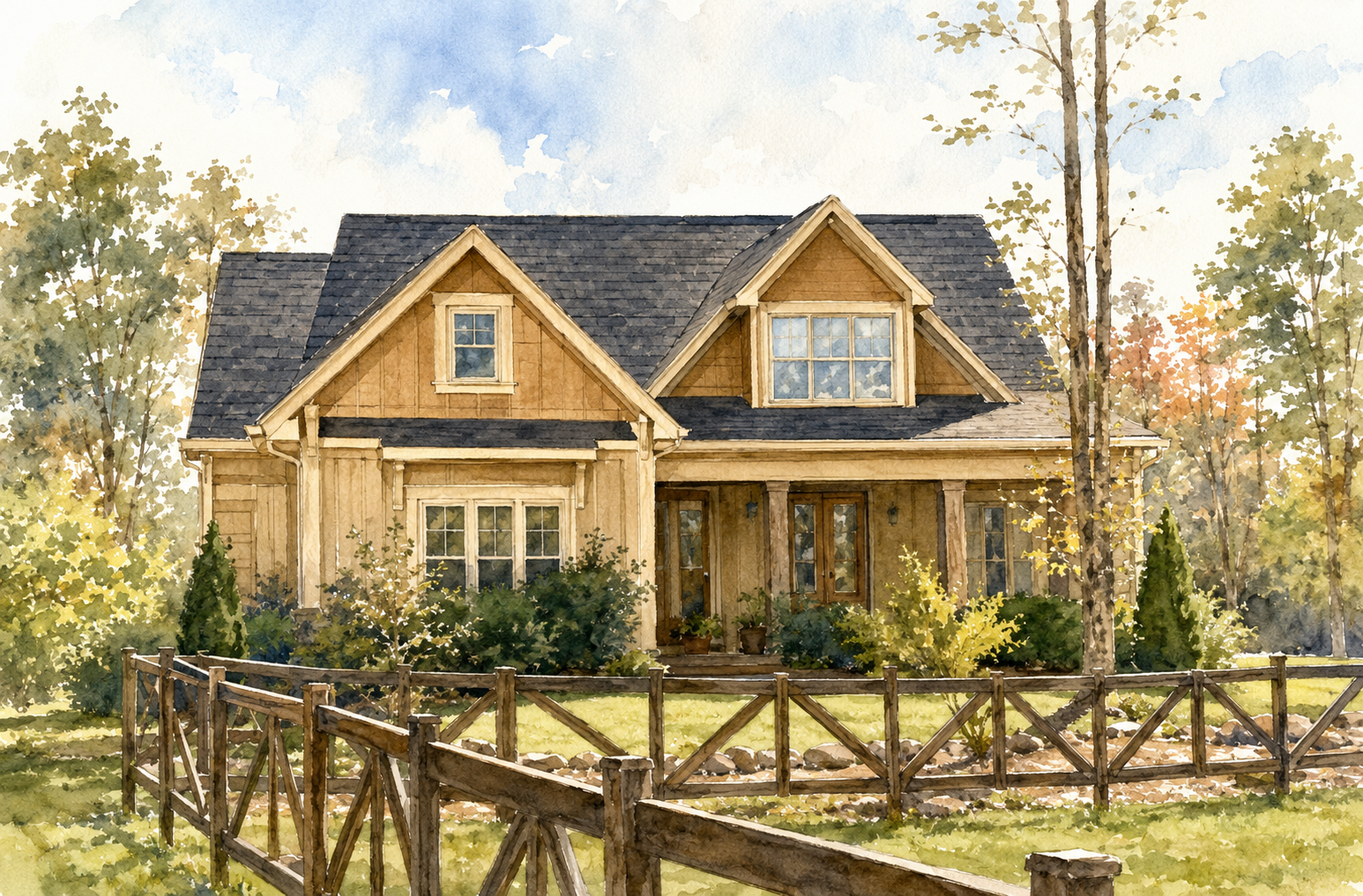 Watercolor print example of a country home among trees behind a wooden fence